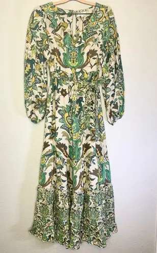 A loves A  Paisley Printed Voile Long Sleeve Ruffle V-Neck Tiered Maxi Dress M