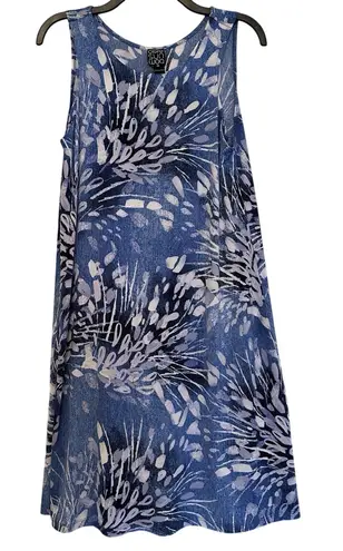 Clara Sun Woo Printed Shift Dress Size XS Blue Stretch Knit Sleeveless Midi
