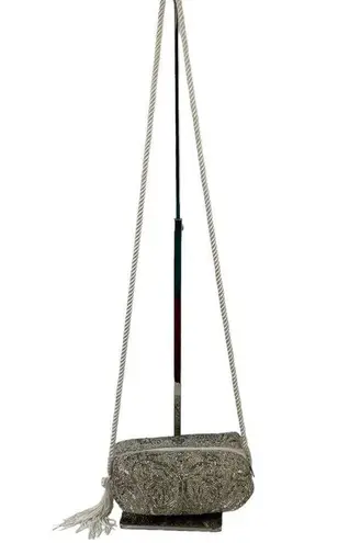 Vintage Evening Silver Beaded Crossbody Formal Bag Tassel Purse