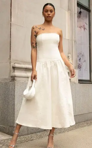 NWT OAK + FORT DROP WAIST STRAPLESS TWILL DRESS in Cream XS $108 White