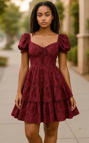 City Vibe Dress Velvet Floral Sweetheart Neck Puff Sleeve Tiered Maroon Size 0