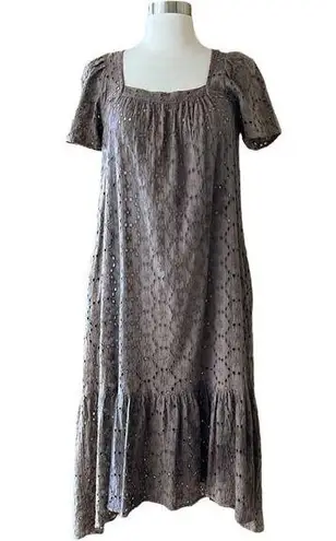 CLAUDE TULUM Taupe Eyelet Midi Dress Taupe Short Sleeves Square Neck Small NEW Brown