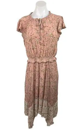 Knox Rose  Pink Floral Tie Neck Ruffle Smocked Asymmetric Midi Dress Size XXL