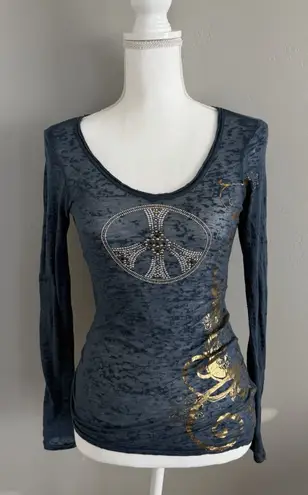 V Christina Y2K Burnout Long Sleeve Top Sz S Rhinestone Peace Sign Graphic Tee Blue