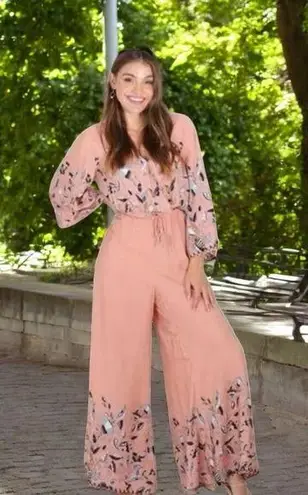 Jaase Floral Dandelion Wide Leg Jumpsuit Womens Small Peach Blue Bell Sleeve