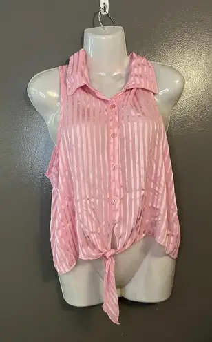 Marianne Blouse Womens Large Pink Sheer Striped Button Up Collared Tie Front Top