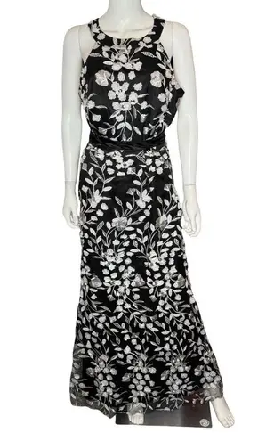 Eliza J Women's 3D-Floral Tie-Waist Halterneck Gown Black White Sz 14