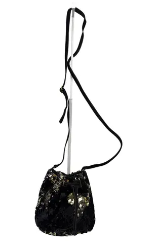 Retro style Sequin bucket bag in black and gold with pull closing inside lined