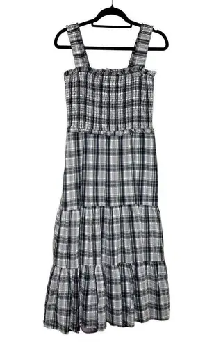 Veronica Beard Ziada Smocked Sleeveless Plaid Midi Dress 4 Black White Tiered