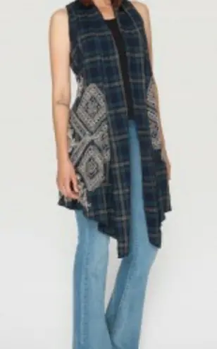 Johnny Was Dion Draped Sleeveless Vest Embroidered Plaid Open Self Tie