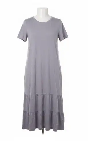 LOGO By Lori Goldstein Dress Gray Midi Womens Medium Short Sleeve Tiered Casual