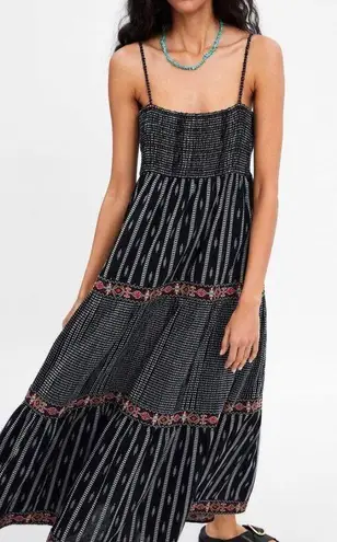 ZARA Bead and Embroidered Strappy Tiered Midi Dress Black Size S