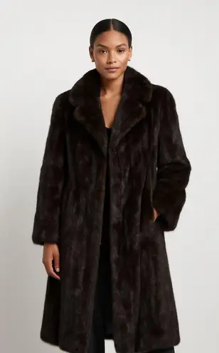 Revillon Paris Brown Black Vintage 70s Genuine Mink Fur Full Length Coat Size L