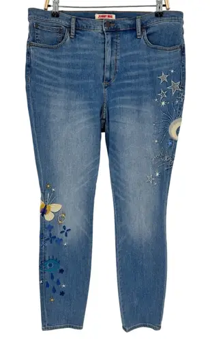 Johnny Was Good Vibes Skinny Jeans Size 32 Blue Embroidered Celestial Boho Artsy