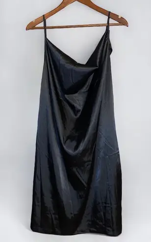 Black stretch satin, deep cowl neck slip dress with adjustable straps