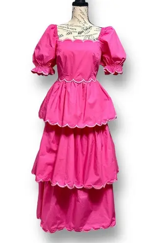 English Factory M Pink Scallop Tiered Maxi Dress Puff Sleeve Barbie Cottagecore