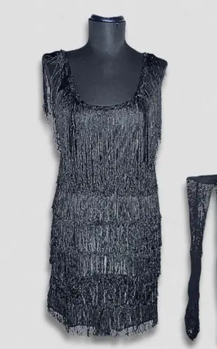 California Costumes Flapper Dress Fringe Mesh Stockings Stretchy Black sz S
