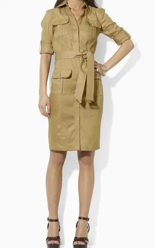 Ralph Lauren Lauren  Safari Linen Khaki Collared Button Front Belted Shirt Dress