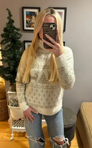 Cupcakes and Cashmere White Cream Turtleneck Reindeer and Snow Gold Embroidered Sweater