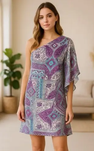 ABS Allen Schwartz Purple and Blue Ruffled Tiered One-Shoulder Dress