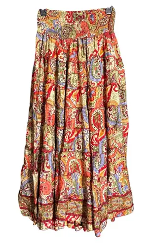 NWT Rhea Vibrant Patterned Layered Ruffle Boho Maxi Skirt, One Size Red Size undefined