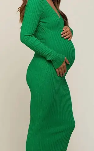 Dress Forum Maternity Green Ribbed Long Sleeve V-Neck Bodycon Dress