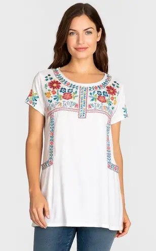 Johnny Was Embroidered Floral Tunic White Short Sleeve Top