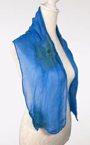 Blue Sheer Silky Scarf Beaded Felted Accents Artistic Lightweight Shawl