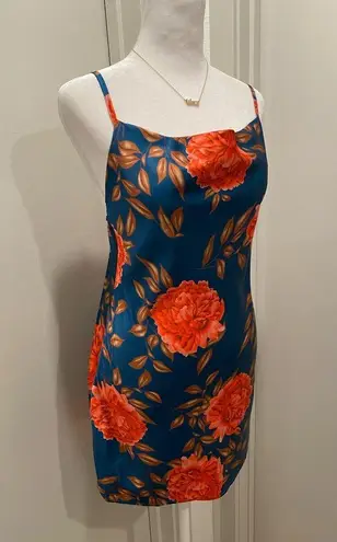 Cantonwalker Navy & Red Floral Cowl Neck Sleeveless Satin Slip Mini Dress