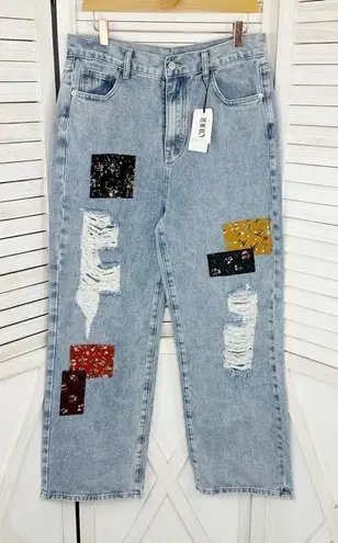 Cider Distressed Patchwork Wide Leg Crop Jeans Blue XL 10