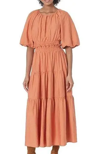 Moon River Puff Sleeve Back Cutout Midi Dress Rust