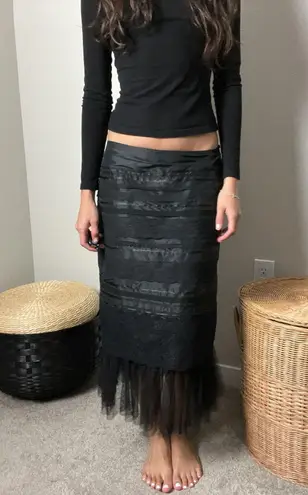vintage 90s y2k black silk tiered lace fairy goth tulle low rise midi maxi skirt Size XS