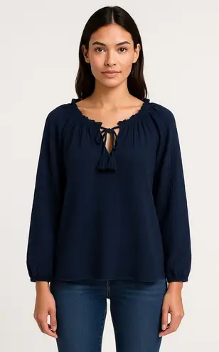 Just living Navy Cotton Gauze Peasant Blouse M Boho Forest Fairy Coastal Slub