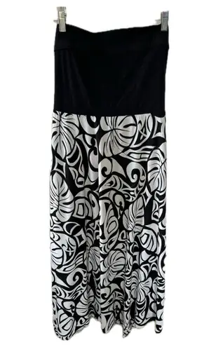 Kalaheo Hawaiian Tropical Stretch Strapless Smocked Back White Midi Dress XL Black