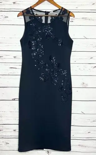 Tahari Black Sleeveless Midi Cocktail Dress Sequin Flowers Size 8 Medium