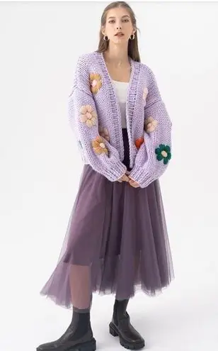 Chicwish Embroidered Floral Chunky Knit Cardigan Sweater Lilac Women's