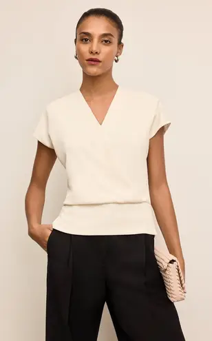 MM.LaFleur Antonia Draped Front Short Sleeve Top Eco Soft Weave Ivory Sz Small