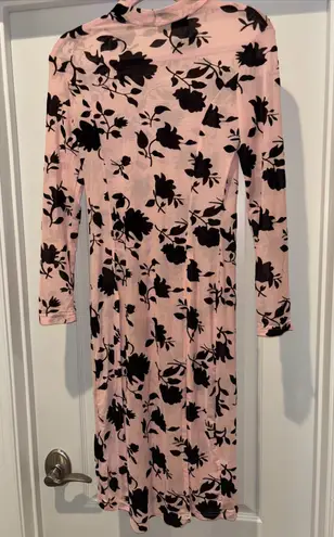 CBR SHEER DRESS MED. PINK W BLACK FLORAL MIDI THIGH HIGH SLITS HIGHCOLLAR NECK