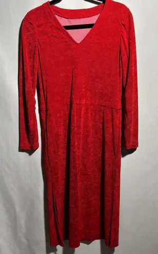 Red V Neck Long Sleeve Terry Cloth Midi Dress Pockets Handmade Holiday Retro S