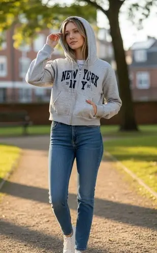 Refuge Athletics Gray New York 1991 Cropped Zip Up Hoodie Size L Athleisure Size L