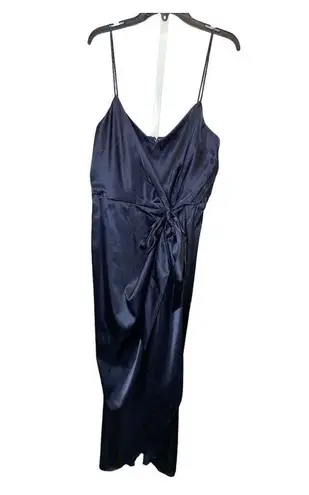 After Six Nwt Charmeuse Stretch Draped Midi Dress 10 Midnight Blue Satin Wrap