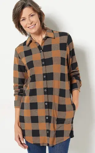 Denim & Co . Heavenly Jersey Buffalo Plaid Button Front Tunic Top A296477 XL QVC
