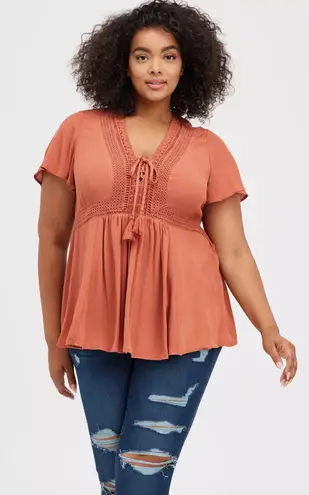 Torrid  Large Crinkle Gauze Crochet Inset Lace Up Babydoll Top Boho Summer Blouse - Image 1