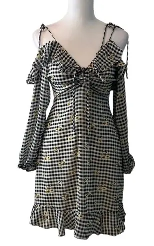 Rewind szS blk&wht checked w/flowers LSācold shoulder open back lined miniādress