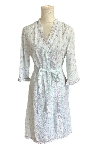Vintage Miss Elaine Seersucker Robe Blue & Pink Floral Ruffles Wrap Style Sz M Size M