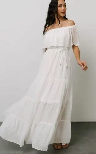 Baltic Born White Swiss Dot Tiered Off Shoulder Maxi Dress