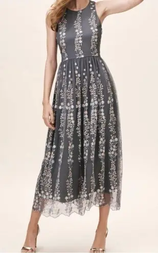 BHLDN Anthropologie Parsons Midi Dress Embroidered Floral Gray Pink Blue Size 4