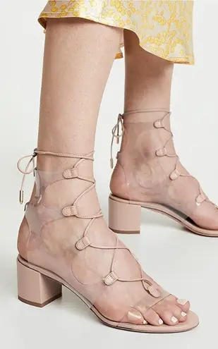 Aquazzura Milos 50mm PVC leather illusion lace-up block-heel sandal size 39 US 9