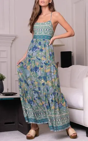 Lulus True Delights Green Multi Floral Print Tiered Maxi Dress S