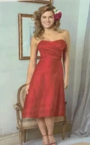 Watters & Watters Red Silk Midi Bridesmaid Dress 10 Strapless/Convertible Pleat